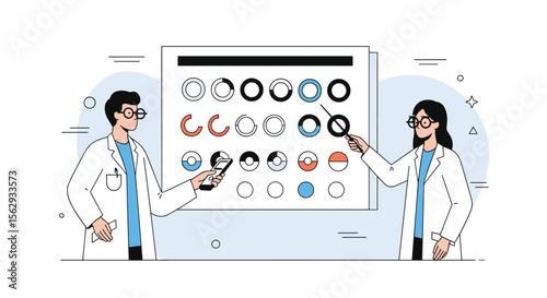 Medical professionals analyzing eye chart diagnostic process for patients