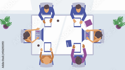 Overhead view of six people at a conference table with laptops and tablets in a bright office space