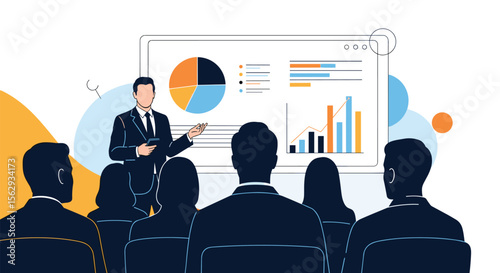 Business presentation showing financial results in front of people