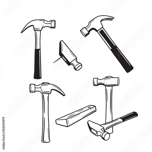 Black and white hammer ornament set vector illustration isolated on white background