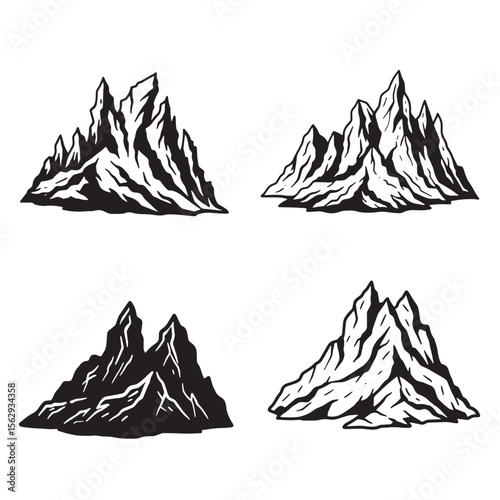 Black and white mountain range set illustration for outdoor adventure emblem or ornament