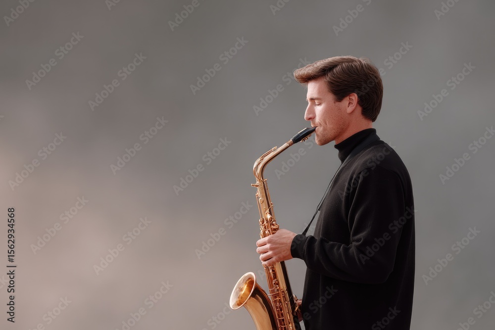 Naklejka premium portrait of saxophonist blowing into sax under smoky jazz club ambiance