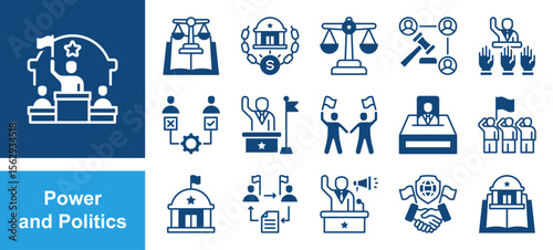 Power and Politics icon set with authority, influence, leadership, control, legitimacy, coercion, governance.