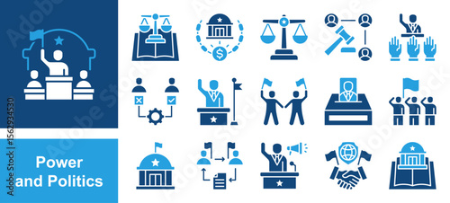 Power and Politics icon set with authority, influence, leadership, control, legitimacy, coercion, governance.