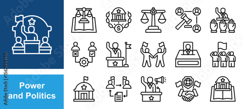 Power and Politics icon set with authority, influence, leadership, control, legitimacy, coercion, governance.