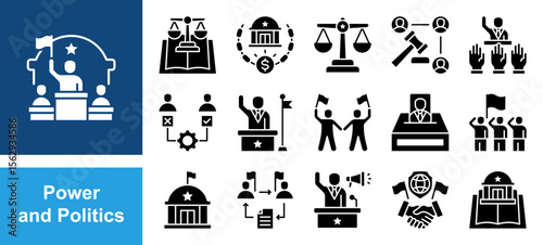 Power and Politics icon set with authority, influence, leadership, control, legitimacy, coercion, governance.