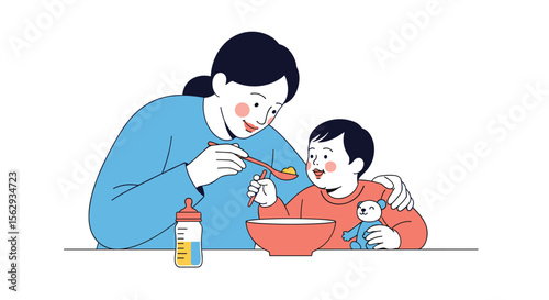 Mother feeding her toddler child a healthy meal together
