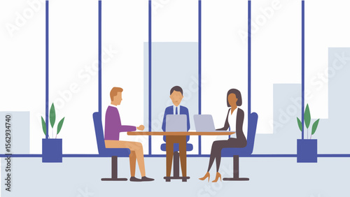 Business meeting with three people at a table using laptops in a modern office setting shown here