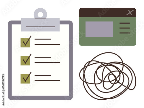 Task checklist with tick marks, tangled line representing confusion, and green UI window. Ideal for task management, productivity, problem-solving, prioritization, organization, user interface
