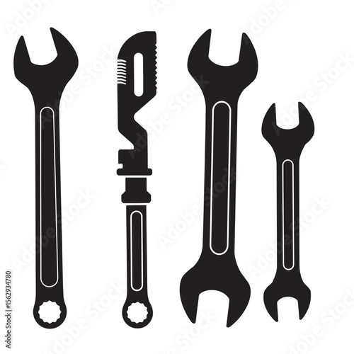 Black and white vector ornament set of various wrenches and repair tools