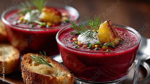 Vibrant gourmet beet soup with cream and herbs in artistic presentation