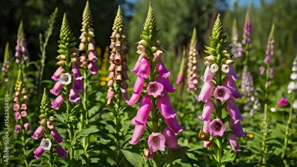 Obraz premium Digitalis Purpurea in Bloom – Elegant Common Foxglove Flowers in a Garden Setting, Showcasing Bell-Shaped Petals, Herbal Beauty, and Cottage Garden Charm