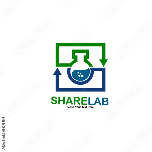 "ShareLab" logo with a flask surrounded by arrows, symbolizing collaborative scientific research, shared knowledge, and experimental exchange.