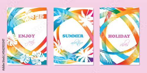 Summer bright and vibrant cards set. Modern abstract art design with wavy gradient lines, tropical plants, palms and leaves silhouettes isolated on white background with place for text. 