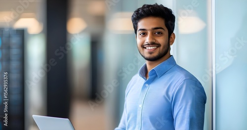 Smiling Young Businessman with Laptop in Modern Office