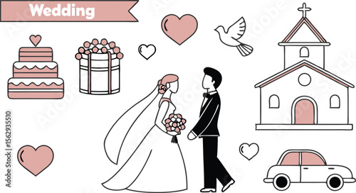 Elegant wedding day elements create a charming graphic for celebrations