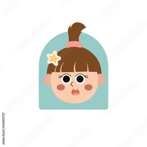 Baby girl face with brown hair bun and green beanie – minimalist cartoon illustration