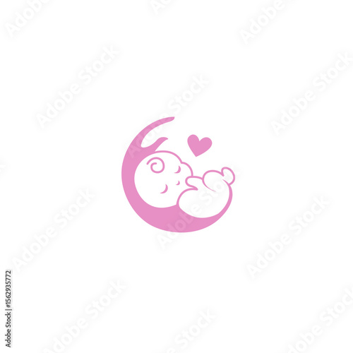 Baby curled in fetal position with heart – symbolic pink illustration for love and pregnancy themes