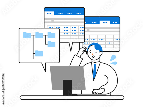 Concept: Office Work Life. Cartoon character heads of People working in offices. Close-up illustrations of File Overload.