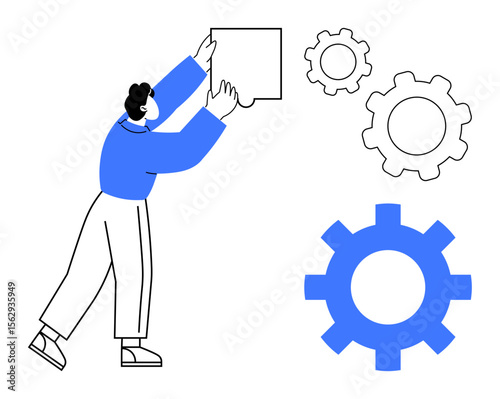 Individual fitting puzzle piece near various gear elements, symbolizing collaboration, strategy, and innovation. Ideal for teamwork, problem solving, process efficiency, project management, strategy