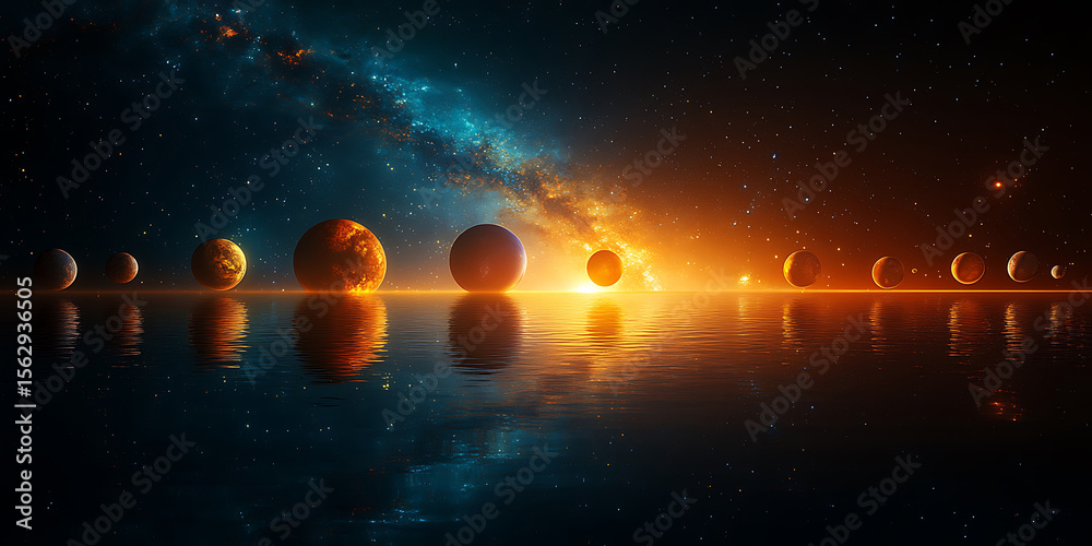 Fototapeta premium Planetary alignment with milky way reflections on water surface with stellar background and orange light abstract space scene depicting harmony and cosmic connection