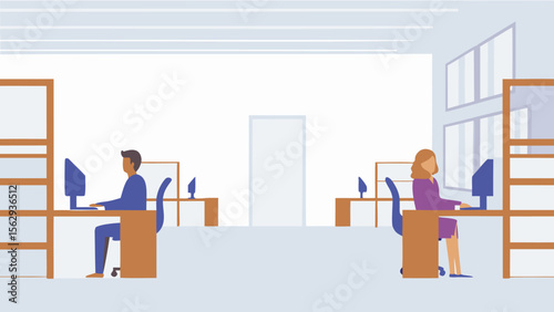 Illustration showing two people working at their desks in a modern office environment setting design