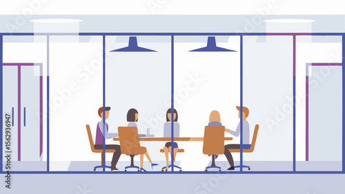 People are sitting at a conference table inside a glass enclosed meeting room in an office setting
