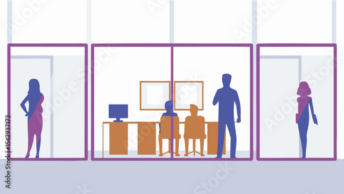 Illustration of office space with people silhouettes and furniture visible through windows, modern design