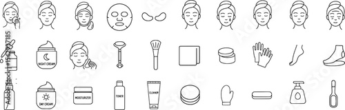 Facial Skincare and Beauty Stroke Icon Collection. Containing Cleansing, Mask, Tools, Products, and Routine Steps. Editable Outline Style.