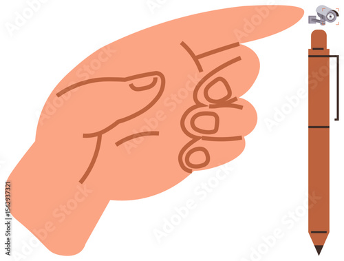 Hand gesturing toward tiny surveillance camera across from a pen, representing observation, privacy, creativity, decision-making, balance, security, technology. Ideal for safety campaigns marketing