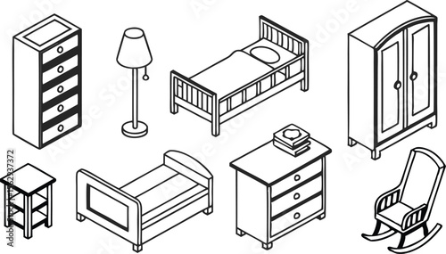 Charming furniture graphic showcases bedroom pieces for interior design projects.