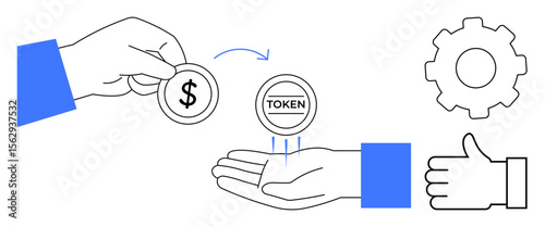 Hand exchanging dollar coin for token, arrow indicating transfer process, gear, and thumbs-up icon. Ideal for cryptocurrency, digital economy, transaction, fintech, trade e-commerce simple landing