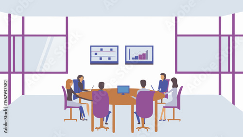 Group of people sitting around a conference table in a meeting room with charts displayed on screens