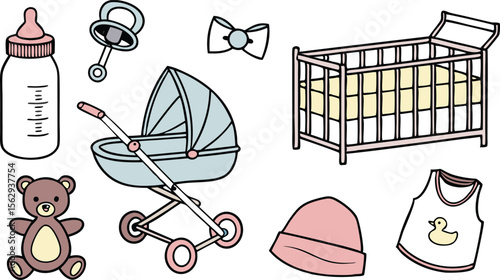 Darling baby essentials design with stroller, teddy bear, and playful star