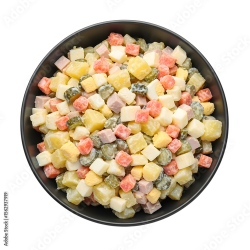 A Creamy Bowl of Ukrainian Olivier Salad a Popular Potato and Meat Holiday Salad on isolated transparent background