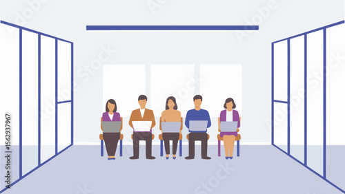 Group of people sitting in a row using laptops in a modern office space with glass partitions visible