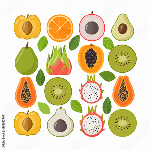 Vibrant Collection of Tropical and Exotic Fruits Illustration of Sliced and Whole Fruits