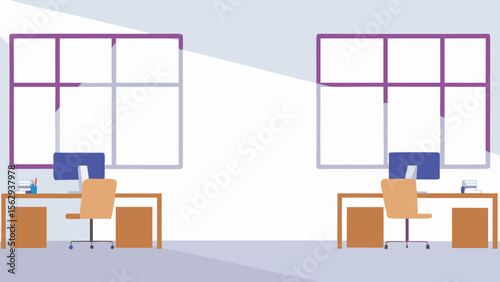 Illustration of two office desks with computers and chairs near windows in a bright and clean space