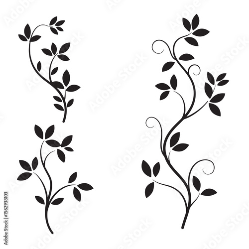 Elegant black leafy vine ornament set designs for decorative floral elements and graphic art