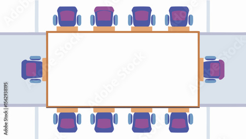 Aerial view of a rectangular conference table surrounded by ten chairs in a bright conference room
