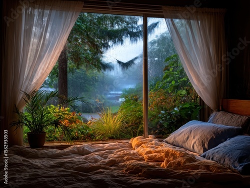 Cozy bedroom window view on a rainy day