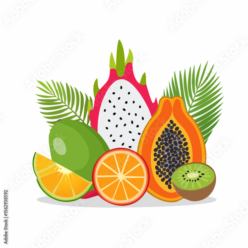 Vibrant Tropical Fruits Dragon Fruit, Papaya, Kiwi, and More