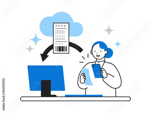 DX デジタルトランスフォーメーションを推進する社会のイラスト　スマホ撮影でレシート自動処理