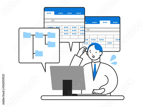 DX デジタルトランスフォーメーションを推進する社会のイラスト　たくさんのファイルを前に困る人