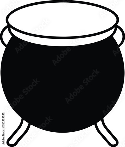 An old black cast iron cauldron with a handle and a pot of gold is isolated on a white background, perfect for a traditional Halloween or magic illustration