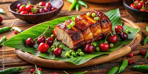 Filipino Roasted Pork Belly with Cherry Palapa and Fresh Herbs on a wooden table with vibrant colors and garnished with herbs