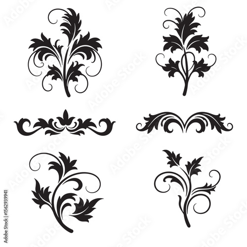 Elegant vector ornament set of decorative floral designs in black and white perfect for various design projects
