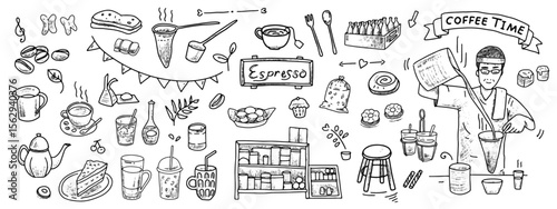 Coffee vector hand drawn set. Collections of doodle traditional cafe illustration. Morning hot drink cartoon objects isolate on background.