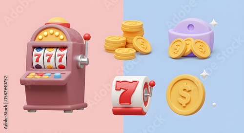 Colorful 3d Slot Machine and Gold Coins on Split Background