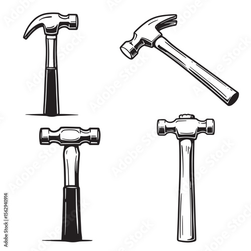 Four classic hammer designs ornament set in black and white for construction and repair concepts